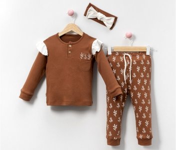 9-24 Ay Kız Bebek Pijama | Saf Pamuk Doğal Yaprak Baskılı Takım