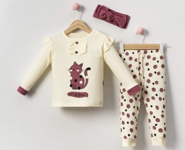 9-24 Ay Kız Bebek Takımı | Saf Pamuk Kedi Baskılı ve Bandanalı Set